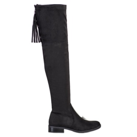 Forever Folie Kényelmes combig érő csizma rojtokkal fekete