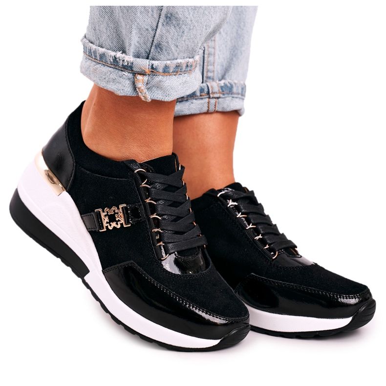 S.Barski Női bőr ék cipők Fekete arany Roxette aranysárga