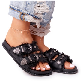 PS1 Papucs csatokkal és szőrmével, fekete Lydia