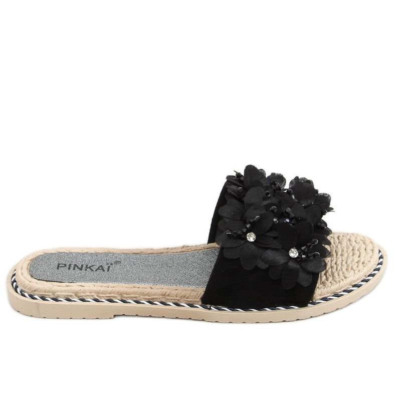 Fekete LS003 Fekete papucs virággal