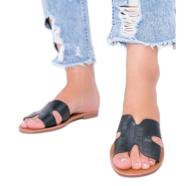 Fekete főnix krokodilbőr mintás papucs