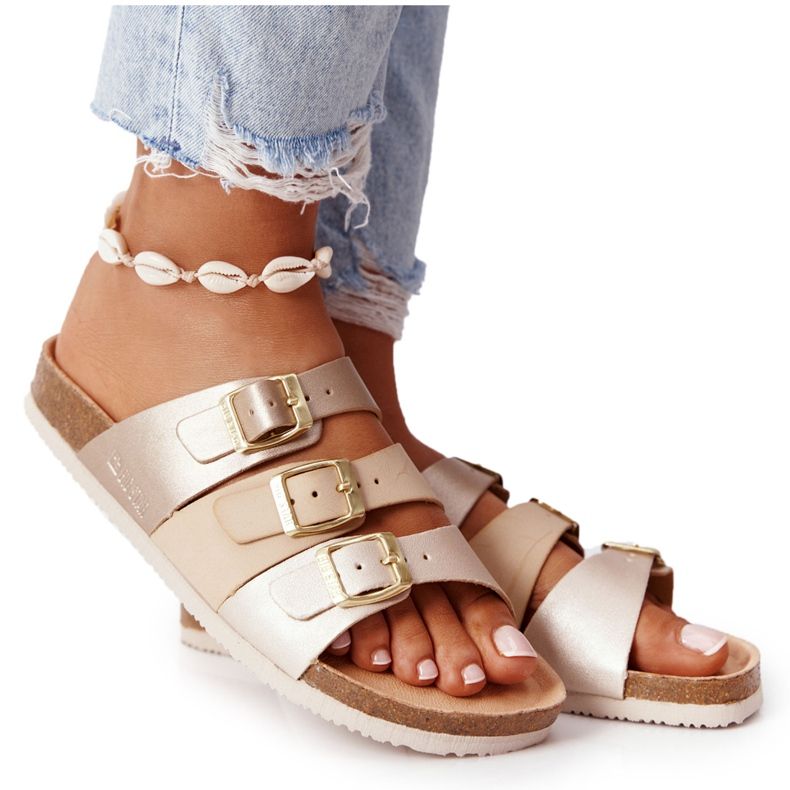 Bőr profilozott papucs Big Star HH274585 bézs és arany aranysárga