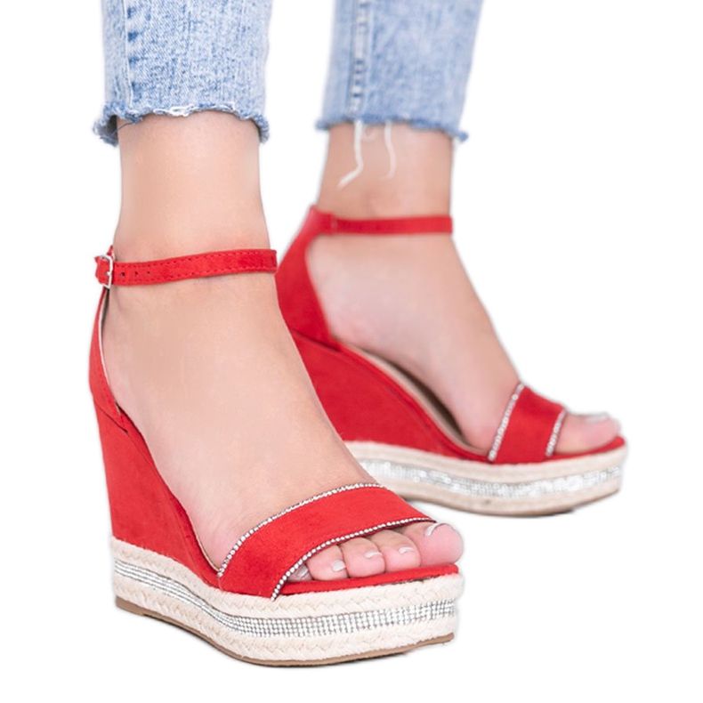 Piros ék szandál Sun Sparrow köbös cirkóniával