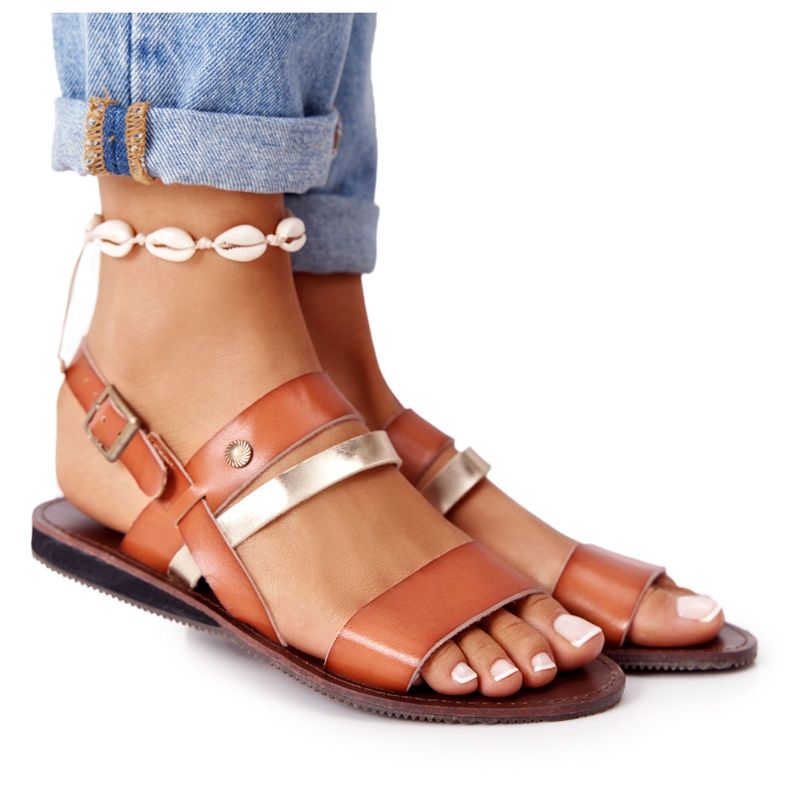 PE1 Női lapos szandál, barna és arany Doris aranysárga