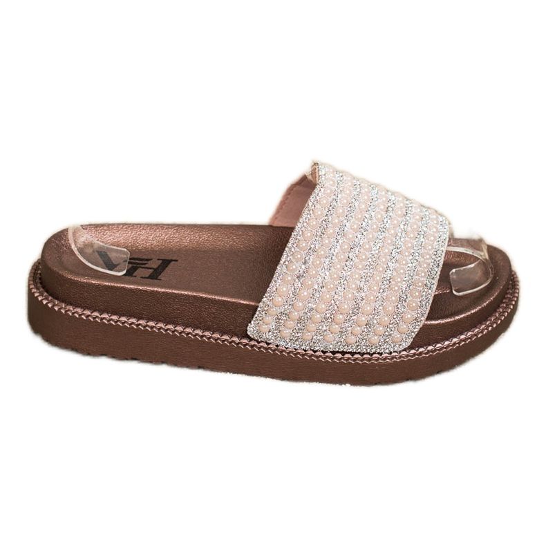 SHELOVET Papucs a platformon köbös cirkónium -dioxiddal bézs aranysárga