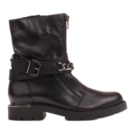 Marco Shoes Bőr bokacsizma lánccal, csatdal és cipzárral. Trapperek fekete