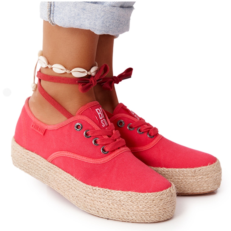 Fűzött espadrilles fonott platformon Big Star FF274141 Red piros
