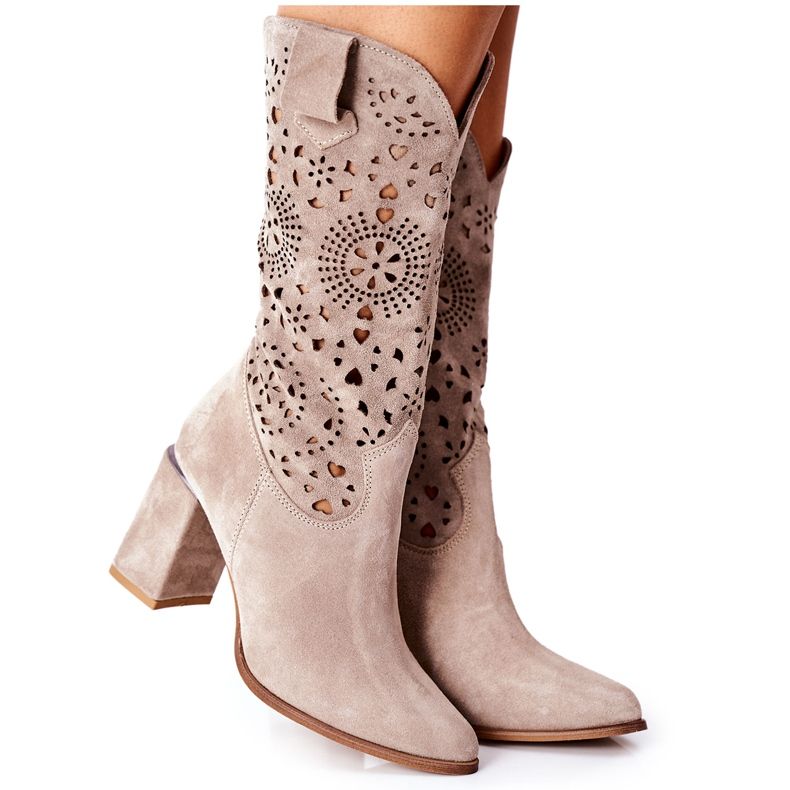 Lewski Shoes Női bőrcsizma sarkon Cappuccino Lewski 2923 Pick Me Up bézs