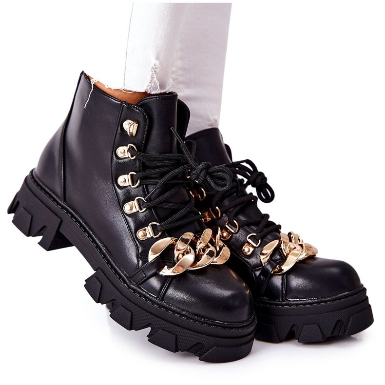 PS1 Női meleg trapper csizma lánccal fekete Labri