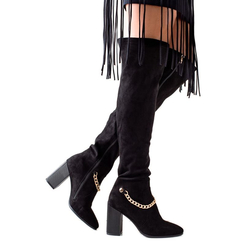 Goodin Velúr combig érő csizma lánccal fekete