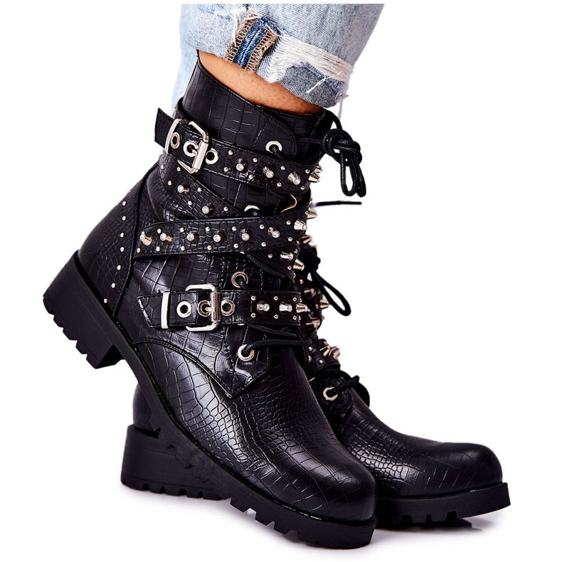 Bőr bokacsizma csíkos állatmintás fekete Kepherine