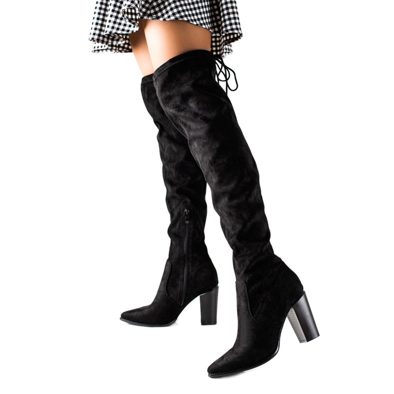 Lucky Shoes Fekete magas sarkú combig érő csizma