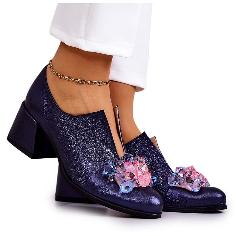 PA2 Bőr metál cipő sötétkék díszítéssel Delaver