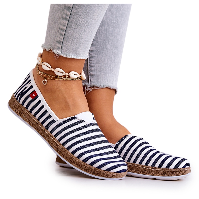 Női espadrillák Big Star bebújós övek FF276027 sötétkék fehér Női espadrillák Big Star bebújós övek FF276027 sötétkék fehér