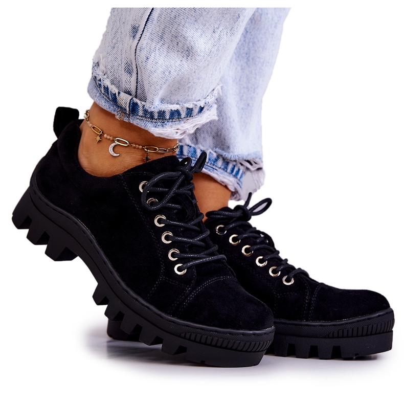 S.Barski Női velúr cipő, megkötve, fekete Mayson