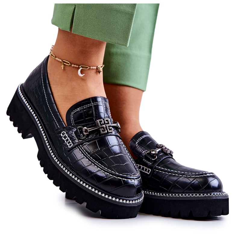 S.Barski Bőr kígyócipő fekete Adison díszítéssel