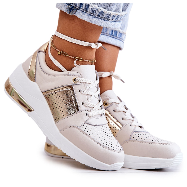 S.Barski Női bőr sportcipő éken bézs és fehér Larson aranysárga