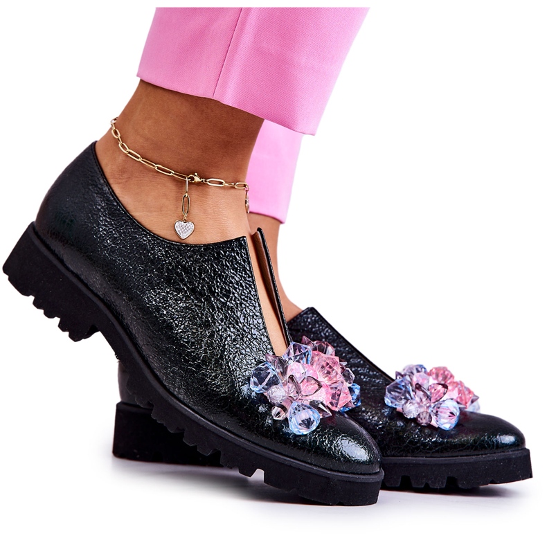 PA2 Elegáns bőrcipő sötétzöld cindy díszítéssel