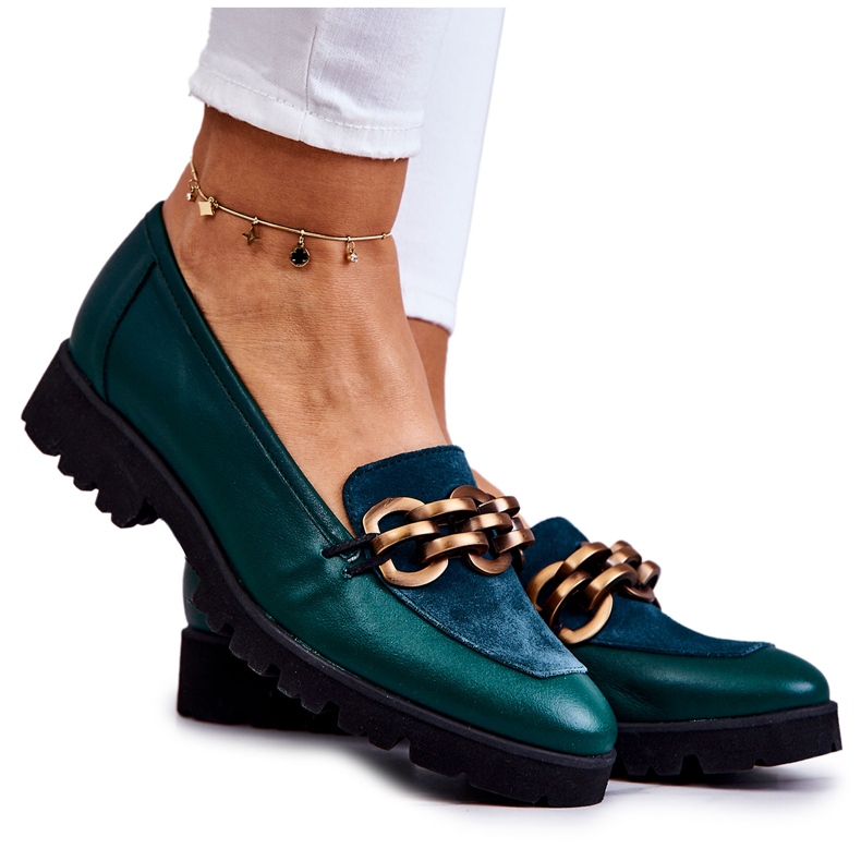 PA2 Elegáns bőrcipők zöld genfi ​​lánccal