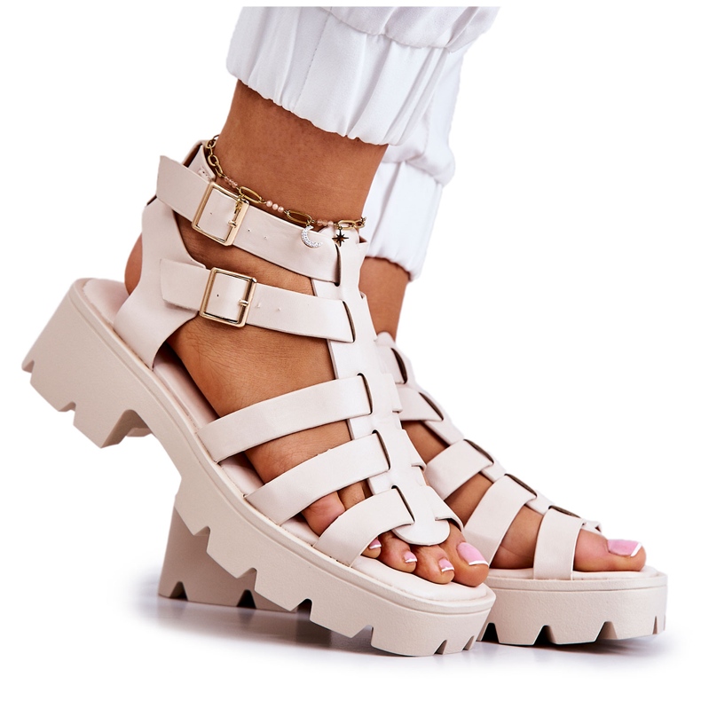 PS1 Bőr szandál csíkokkal Bézs Minorite