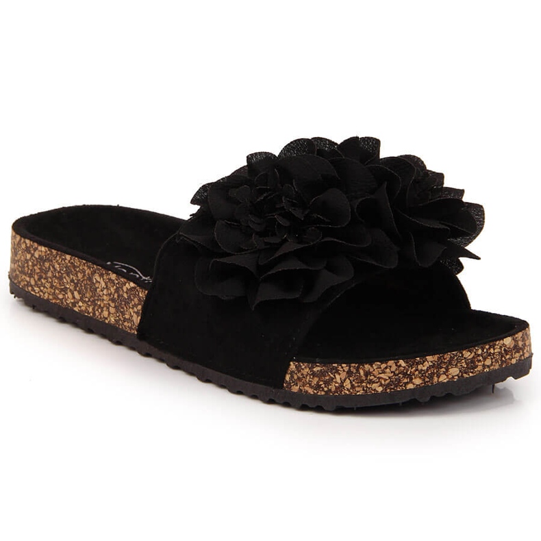 Női fekete papucs virágokkal eVento