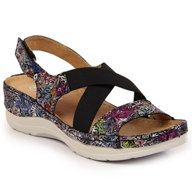 Női bőr szandál kényelmes Helios 100 gumin fekete sokszínű