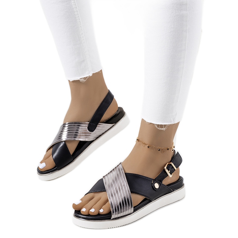 Fekete szandál fémes Myrtle betéttel ezüst