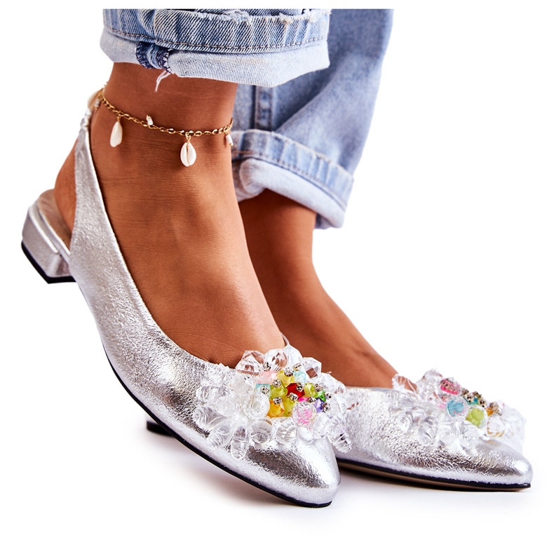 PA2 Bőr balerinák magassarkún ezüst Elena díszítéssel