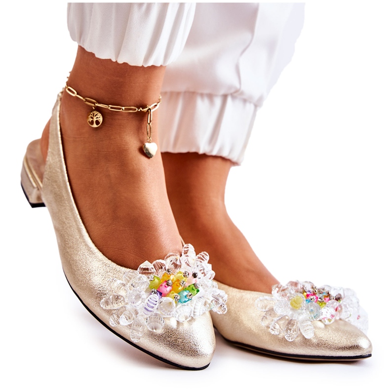 PA2 Bőr balerinák magassarkúban, arany Elena-dísszel aranysárga