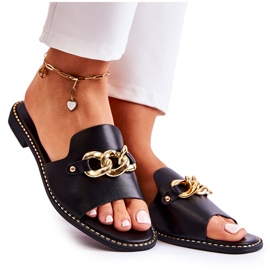 S.Barski Divatos fekete Finess papucs lánccal, lapos sarkon S.Barski Divatos fekete Finess papucs lánccal, lapos sarkon