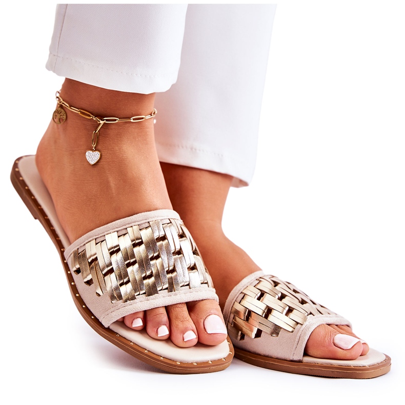 S.Barski Bézs Hollis színű, lapos sarkú női bőrpapucs