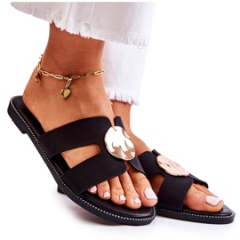 FJ1 Kényelmes női papucs fekete Leila díszítéssel