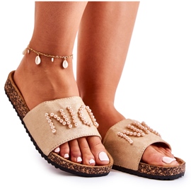 PE1 Klasszikus velúr gyöngyös papucs bézs Vayana