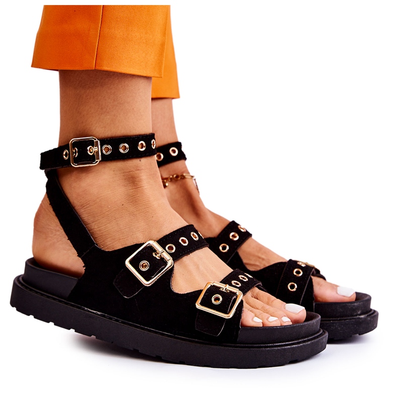 PM1 Női velúr szandál pántokkal, fekete parys