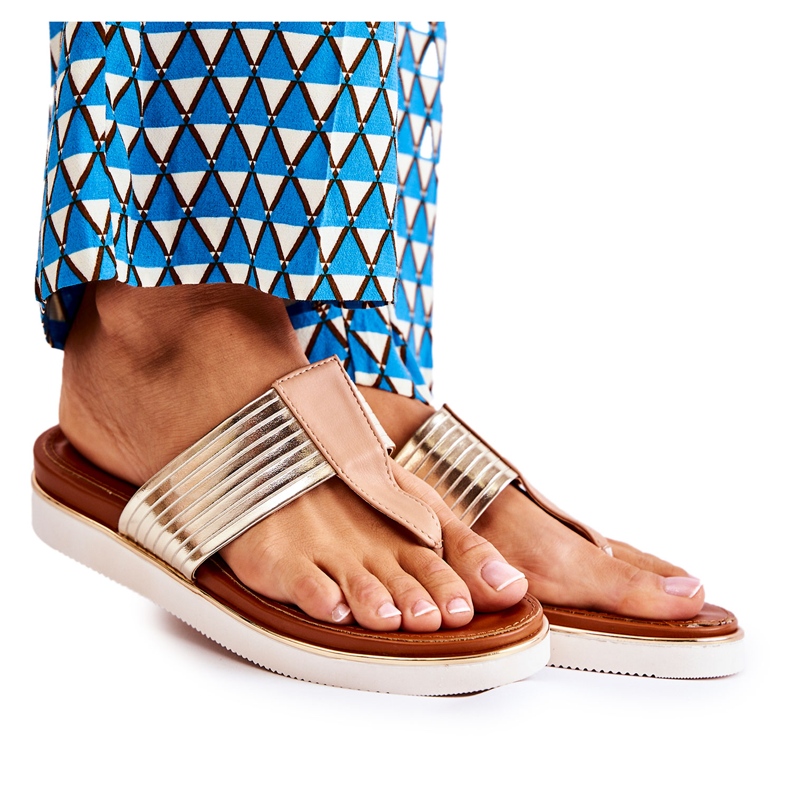 Női papucs papucsok a bézs-arany Morissa platformon barna aranysárga