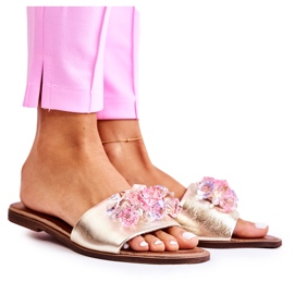 Bőr női papucs Nicole 2726 arany díszítéssel aranysárga