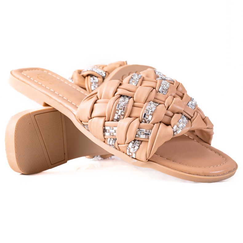 SHELOVET Fonott papucs kristályokkal bézs ezüst