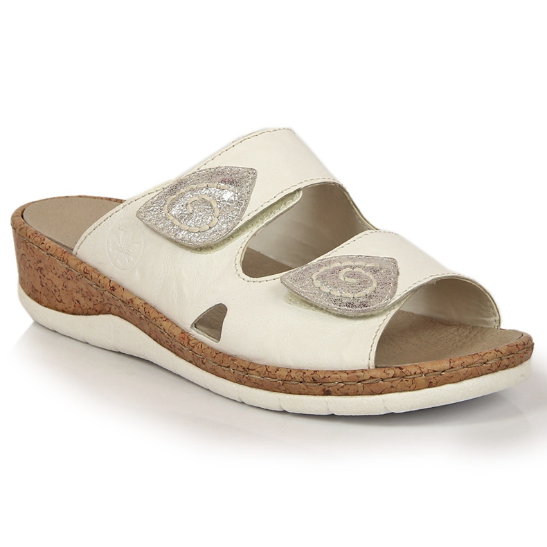 Fehér Rieker V7151-80 női bőr papucs tépőzáras ékekkel