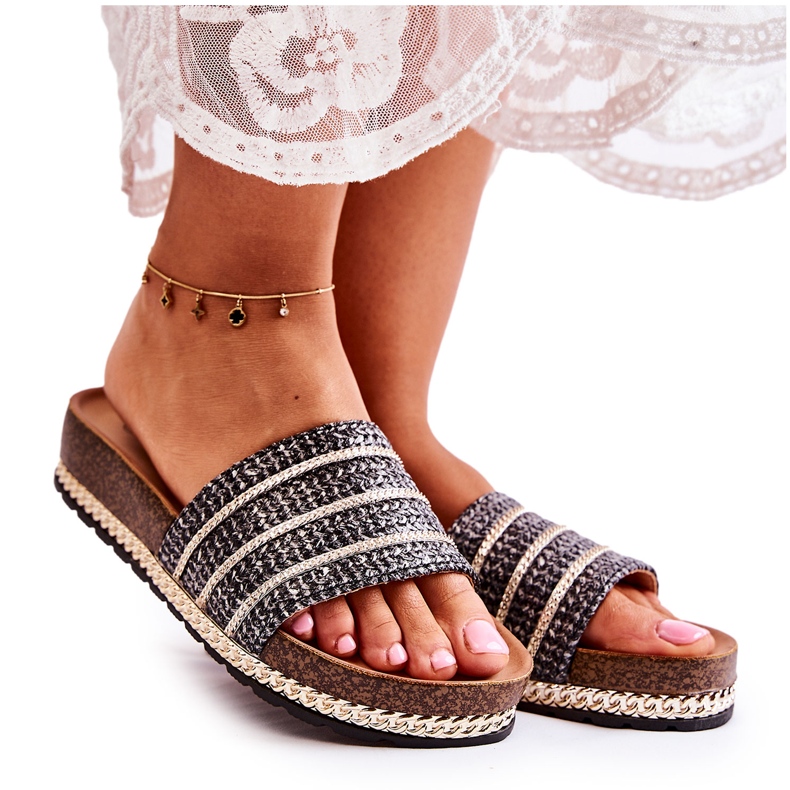 S.Barski Női klasszikus papucs lánccal Black Maddy fekete