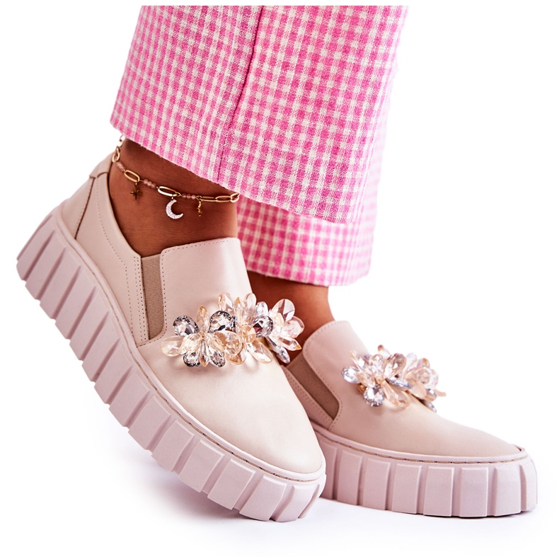 PA2 Bézs Mirana díszítésű női bőr tornacipő