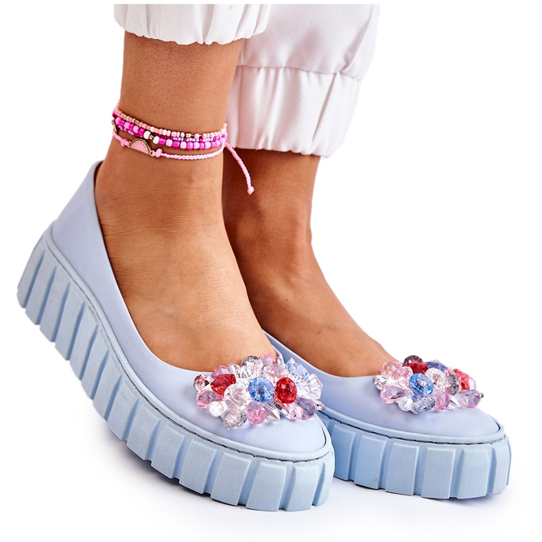 PA2 Bőr Balerinák Egy Platformon Színes Kék Ladette Dekorációval