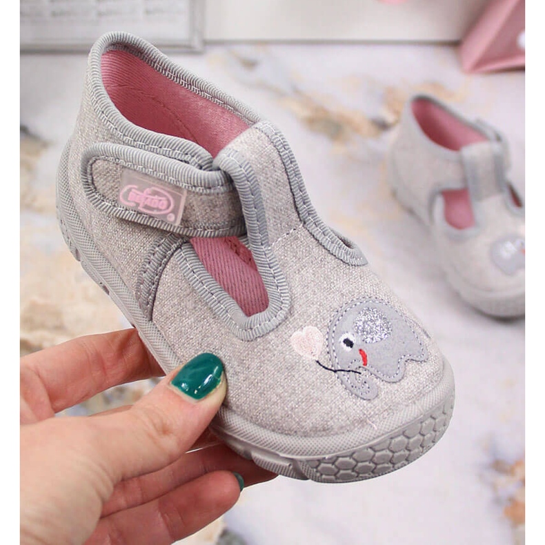 Lánypapucs tépőzáras szürke Befado-val, elefánttal