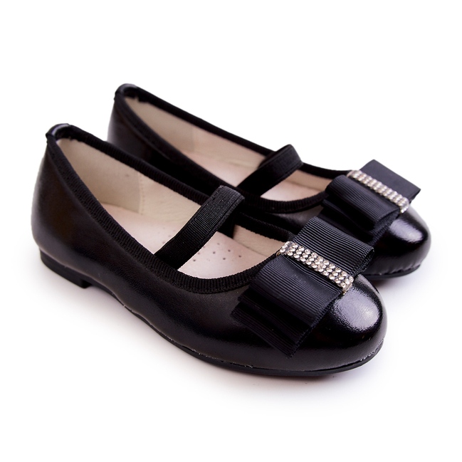 S.Barski Bőr gyermek balerinák fekete Claril dekoratív masnival