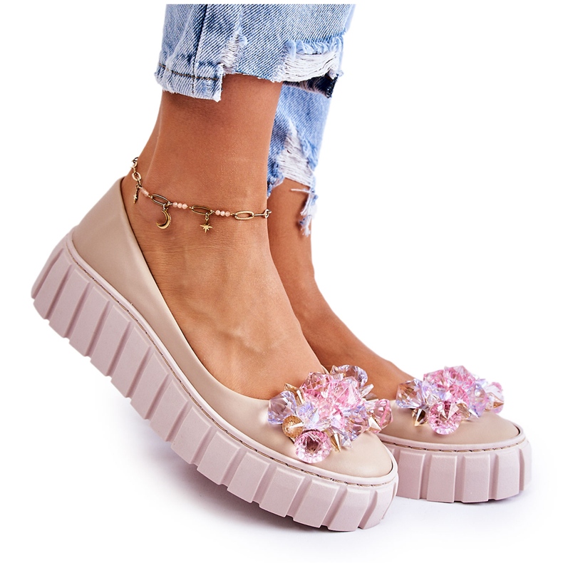 PA2 Bőr Balerinák Egy Platformon Bézs Színű Ladette Dekorációval