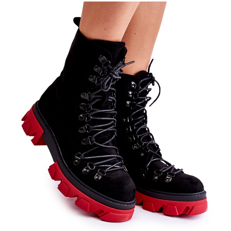 Meleg velúr munkáscsizma, fekete és piros Pierro kötve