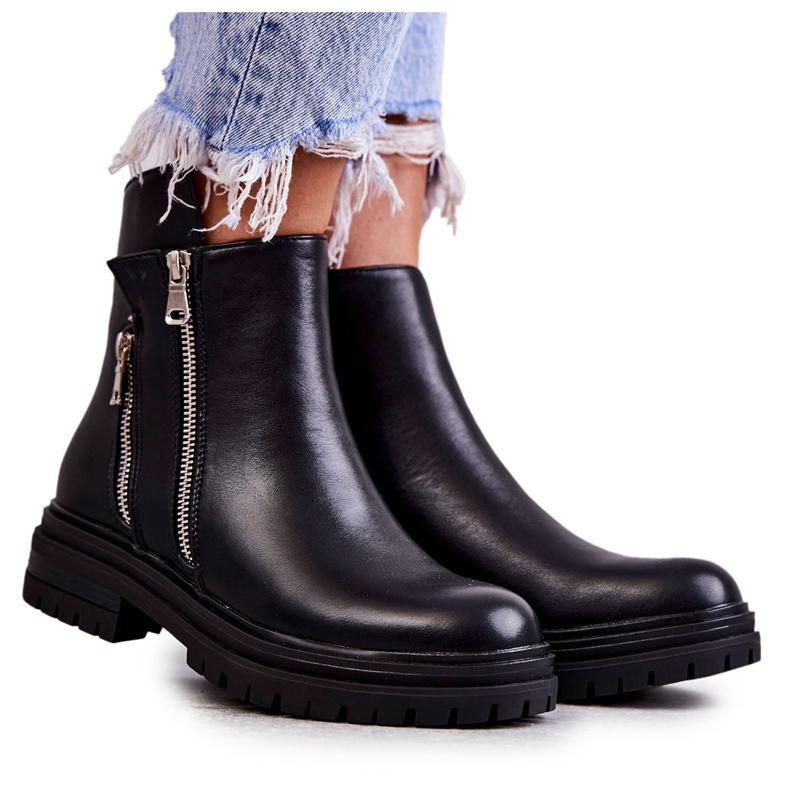 PG1 Női bőrcsizma cipzárral, fekete Navarra