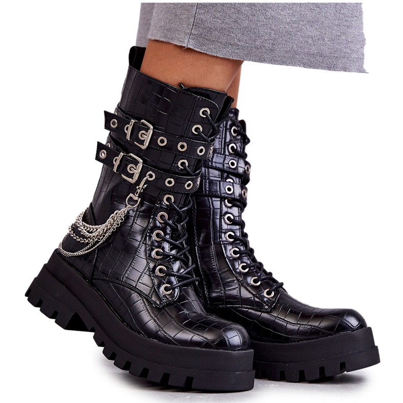 PG1 High Workers Csizma lánccal Fekete Snake Montero