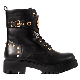 Shelovet női fűzős munkások aranyszínű kiegészítőkkel fekete Shelovet női fűzős munkások aranyszínű kiegészítőkkel fekete