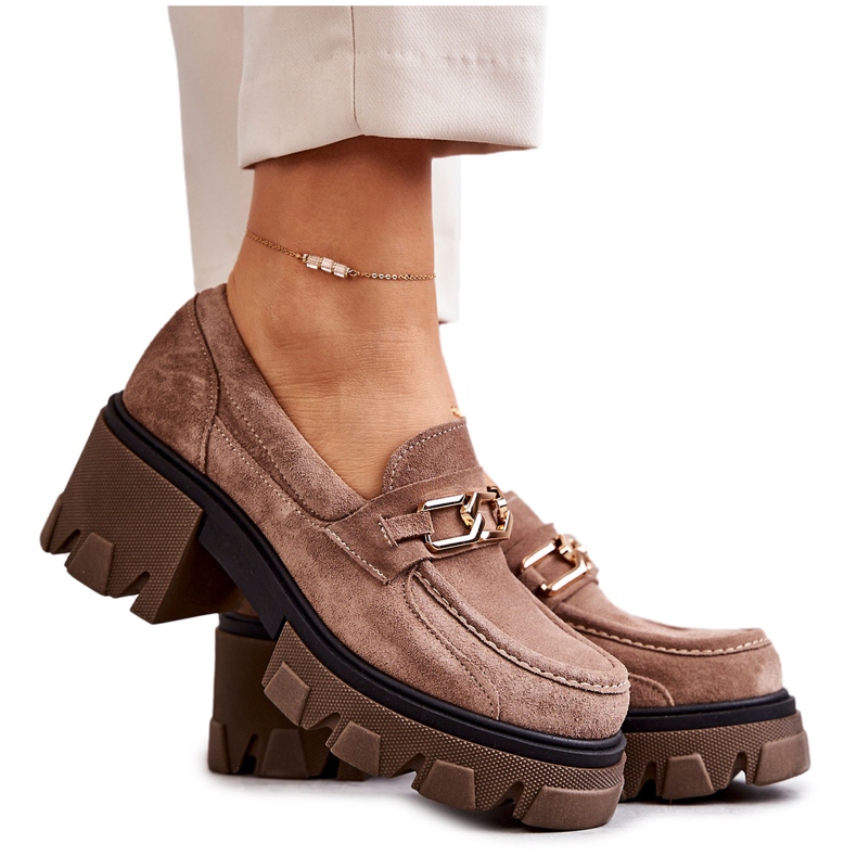 PL5 Velúr magassarkú aranybarna Lurdes díszítéssel bézs