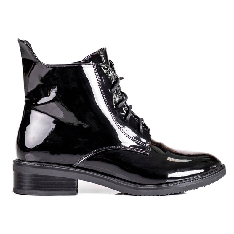 Elegáns fűzős női Shelovet csizma lakkozott ökológiai bőrből fekete